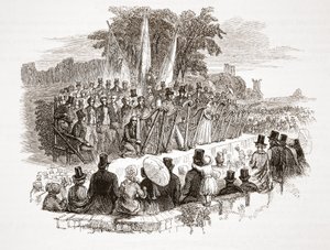 Kilpailu kultaharpusta Royal Denbigh Eisteddfodissa ennen H.R.H. Sussesin herttua vuonna 1828 (teräskaiverrus) tekijältä English School
