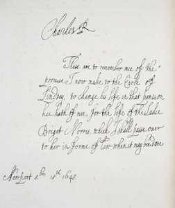 Kopio Kaarle II:n vuonna 1648 kirjoittamasta kirjeestä tekijältä English School