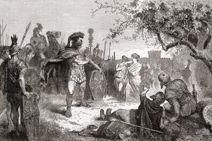 Coriolanus palaa vihollisena Roomaan maanpakolaisuutensa jälkeen, Wardin ja Lockin kuvitetusta maailmanhistoriasta, julkaisu n. 1882. tekijältä English School