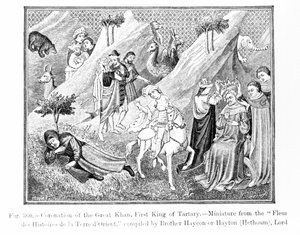 Suuren Khanin (Kublai Khan) kruunaus (1214-94) Tartarin ensimmäinen kuningas, Fleur des Histoires de la Terre dOrient, koonnut Hayton (k.1271), kuvitus tieteestä ja kirjallisuudesta vuonna t. tekijältä English School