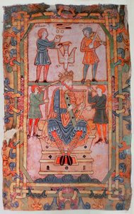 Cott Tib C VI f.30v David soittaa harppuaan, Tiberius Psalter, Winchester, n. 1050 (vellum) tekijältä English School