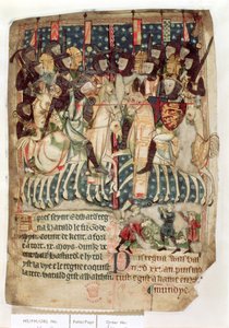 Cott Vitt A XIII f.3v William tappamassa Haroldin Hastingsin taistelussa, anglosaksisten ja normannien Englannin kuninkaiden asetuksista (vellum) tekijältä English School