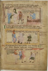 Puuvilla Claudius B IV fol.10 Lamech ja hänen kaksi vaimoaan ja hänen poikansa Tubalcain, seppä, töissä (vellum) tekijältä English School