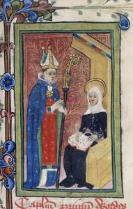 Puuvilla Claudius B. I, f.117 St. Bridget esittelee viestin Kristukselta piispalle, julkaisusta "Revelations (Liber Celestis) of St. Bridget of Sweden", n. 1410-20 (muste, väri ja kulta perunakalvolla) tekijältä English School