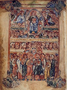 Cotton Galba A. XVIII, f.2v Kristus Majesteetissa kärsimyksen välineiden ja enkelien ja profeettojen kuorojen ympäröimänä, kuva Athelstan Psalterista (vellum) tekijältä English School