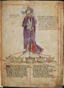 Puuvilla Julius E. IV, f.7 Piirros Edward III:sta, jossa on lyhyt kuvaus hänen hallituskaudestaan, ja rivit "Englannin kuninkaiden säkeistä Vilhelm I:stä Henrik VI:hun" vuoden 1431 jälkeen (vellum) tekijältä English School