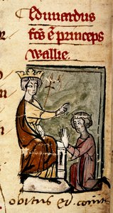 Cotton Nero D. II, f.191v Edward of Caernarvon (Edward II) loi Walesin prinssin ja Chesterin jaarlin isänsä kuningas Edward I:n toimesta Lincolnin parlamentissa 7. helmikuuta 1301 "Chronica Roffensesta", kirjoittaja Matthew Pariisi (vellum) tekijältä English School