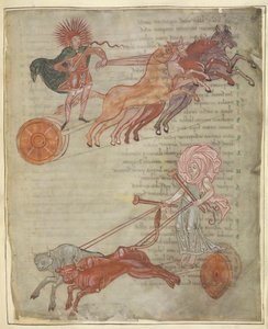 Cotton Tiberius B.V, osa 1, f.47 Auringon ja kuun vaunut, kuvitus teoksesta 