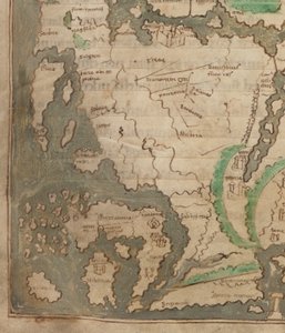 Cotton Tiberius B.V, osa 1, f.56v Tiberius-kartta, Mappa Mundi, yksityiskohta Länsi-Euroopasta ja Brittisaarista (vellum) tekijältä English School