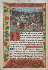 Puuvilla Vespasianus A xvii, f.13v, Englannin kuningas valkoisen hevosen selässä, jahtaamassa pakenevaa Ranskan kuningasta, Robert de Balsac