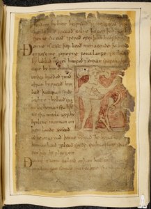 Cotton Vitellius A. XV f.104r, A panotii, eli mies, jonka korvat ulkonevat varrelle, pitelee jouselta näyttävää esinettä, kuva Beowulfista, Nowell Codexista (muste pergamentilla) tekijältä English School