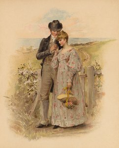 Kosiskeleva pariskunta kävelee maaseudulla (kromoliitti) tekijältä English School