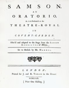 Händelin oratorion Samsonin nuottien kansikuva, julkaistu vuonna 1759 tekijältä English School