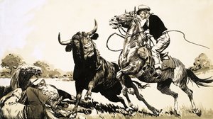Cowboyt Australian takamailla yrittävät köytää härän tekijältä English School
