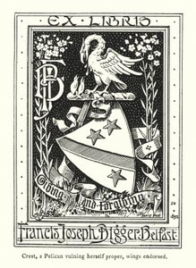 Crest, pelikaani, joka haavoittelee itseään, siivet merkitty (kaiverrus) tekijältä English School