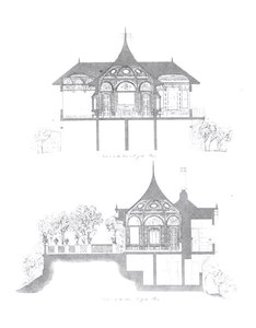 Poikkileikkaukset Buckinghamin palatsin kesätalosta Ludwig Grunerin (1801-82) ja Anna Brownell Jamesonin (1794-1860) teoksesta The Decorations of the Garden Pavilion in the Grounds of Buckingham Palace, 1846 (kaiverrus) (b/w) kuva) tekijältä English School