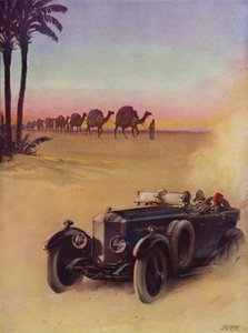 Aavikon ylitys kamelijunalla ja autolla (väri litho) tekijältä English School