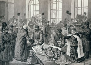 Tullivirkailijat tutkivat matkustajien matkatavaroita Saksasta Wirballenissa Venäjän rajalla, "The Illustrated London News", 29. tammikuuta 1887 tekijältä English School