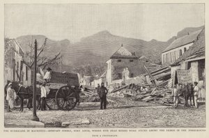 Vuoden 1892 Mauritiuksen sykloni aiheutti vahinkoa Rempart Streetille Port Louisissa. tekijältä English School