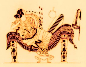 Danae ja kultainen suihku, kuvitus J. E. Harrisonin ja D. S. MacCollin "Kreikan maljamaalauksista", julkaistu 1894 tekijältä English School