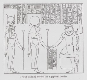 Tanssi: Trajanus tanssii egyptiläisten jumaluuksien edessä (litho) tekijältä English School