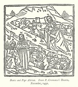 Dante ja paavi Adrian, P Cremonesen Dante, marraskuu 1491 (kaiverrus) tekijältä English School