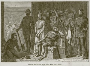 Daavid suree Saulia ja Jonatania, esimerkki The Childs Biblesta, n. 1880 tekijältä English School