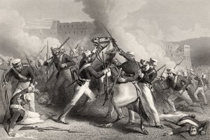 Prikaatikenääri Adrian Hopen kuolema Roodmowin linnakkeen hyökkäyksessä 15. huhtikuuta 1858, vuonna 1858 julkaistusta "Intian kapinan historiasta" tekijältä English School