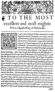 Omistautuminen Puolan kuninkaalle Sigismund II Augustus I teoksessa The Counsellor, Wawrzyniec Grzyma?a Go?lickis De optimo senatore, ensimmäinen englanninkielinen käännös, 1598 (painettu) tekijältä English School