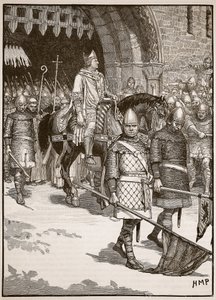 Piispa Odon lähtö Rochesterista, kuvitus Cassells Illustrated History of Englandista (seepiakuva) tekijältä English School