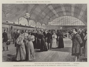 Kuningatar Wilhelminan ja Alankomaiden kuningatar Regentin lähtö, kohtaus Victorian asemalla 9. toukokuuta (litho) tekijältä English School