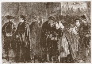 Karkotettujen ministereiden lähtö Kuttenbergistä, kuvitus James Aitken Wylien (1808-1890) teoksesta The History of Protestantism, pub. 1878 tekijältä English School