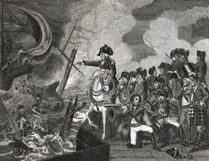 Tykkiveneiden tuhoaminen ennen Gibraltaria, kaiverrus H. Cook, 1816 tekijältä English School