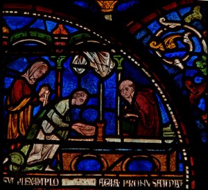 Yksityiskohta Miracle Window -ikkunasta, joka kuvaa Edwin of Berkhamstedin paranemista tekijältä English School