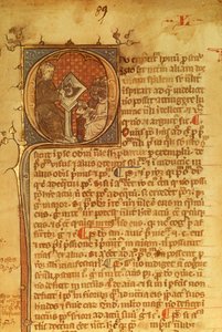 Yksityiskohta koristekirjeestä 1300-luvun käsikirjoituksessa. Duns Scotus luennoi opiskelijoilleen tekijältä English School