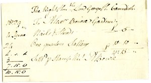 Devonshire MSS AS 3101, folio Pinder Simpsonin lordi George Cavendishille maksamista laskuista, mukaan lukien Alexander Bowien lasku tekijältä English School