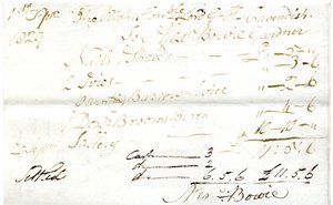 Devonshire MSS AS 3101, folio Pinder Simpsonin lordi George Cavendishille maksamista laskuista, mukaan lukien Alexander Bowien lasku tekijältä English School