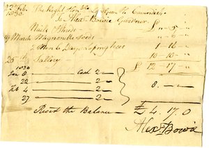 Devonshire MSS AS 3101, folio Pinder Simpsonin lordi George Cavendishille maksamista laskuista, mukaan lukien Alexander Bowien lasku tekijältä English School