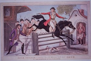 Dick Turpin hyppää Hornseyn tietulliportilla hevosensa Black Bess (värillinen kaiverrus) tekijältä English School