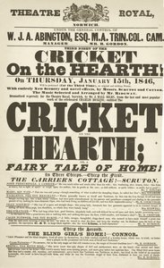 Dickens playbill: The Cricket on the Hearth at Theatre Royal, Derby, 15. tammikuuta 1846