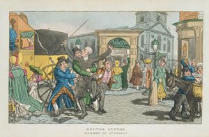 Tohtori Syntax ryöstetty St. Gilessissä, The Tour of Doctor Syntaxista Lontooseen tai Pleasures and Miseries of the Metropolis. Runo, julkaistu 1820 (akvatinta) tekijältä English School