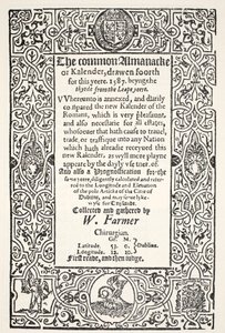 Double Almanack (yleinen ja uusi) ja Prognostication for Dublin vuodelle 1587, W. Farmer, painat Watkins ja Roberts, 1587 tekijältä English School