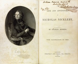 Kaksoissivu, jossa Dickensin muotokuva ja Dickensin omistus William Harrison Ainsworthille tekijältä English School