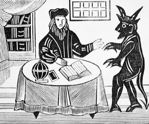 Tohtori Faustus neuvonantajana paholaisen kanssa, Gentsin käännöksestä Christopher Marlowen (1564-93) Dr. Faustuksen käännös 1648 esoteeria-aiheisten ohjekirjojen kokoelmasta tekijältä English School