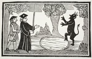 Tohtori Faustus nostaa paholaisen, kuvitus John Ashtonin pubista Chap-books of the Eightenth Century. 1882 tekijältä English School