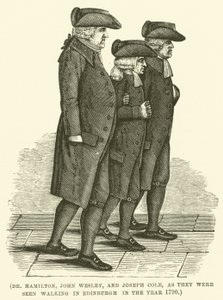 Tohtori Hamilton, John Wesley ja Joseph Cole, kun heidät nähtiin kävelemässä Edinburghissa vuonna 1790 (kaiverrus). tekijältä English School