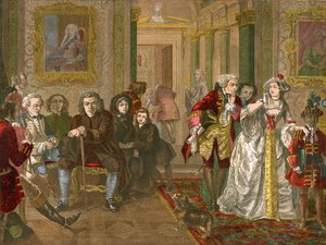 Tohtori Johnson lordi Chesterfieldin esihuoneessa (värillinen kaiverrus). tekijältä English School