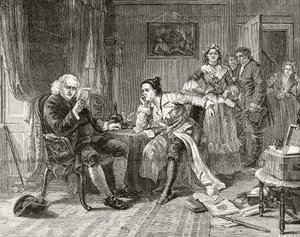 Tohtori Samuel Johnson lukee "The Vicar of Wakefieldin" käsikirjoitusta "London Pictures: Drawn with Pen and Pencil" -julkaisusta, pastori Richard Lovett, julkaistu 1890 (litho) tekijältä English School