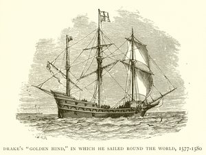 Drakes Golden Hind, jossa hän purjehti maailman ympäri, 1577-1580 tekijältä English School