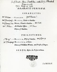Dramatis Personae for Simson, Händelin oratorio, julkaistu vuonna 1759 tekijältä English School